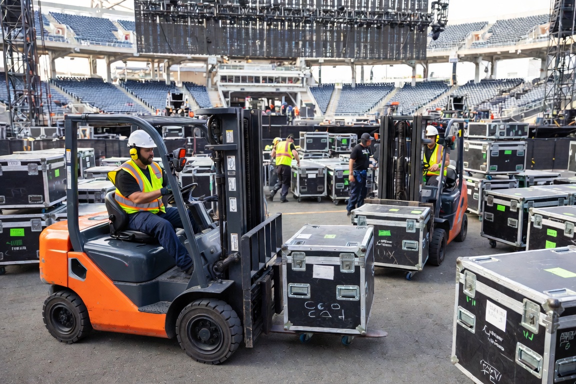 Daylight stadium load-in: an operator in a hard hat and ear defenders drives a forklift through a yard of labeled road cases.
